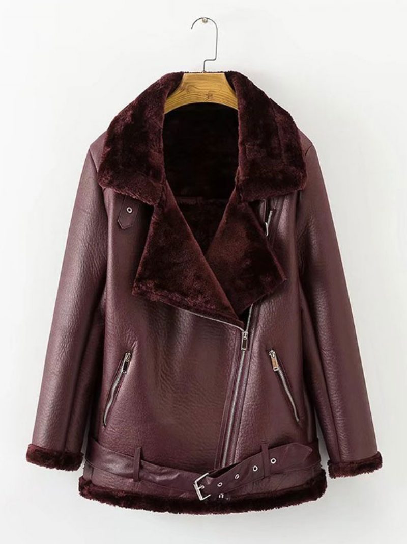 Damen Lederjacke Faux Shearling Pu Moto Jacke Winter Oberbekleidung - Burgund