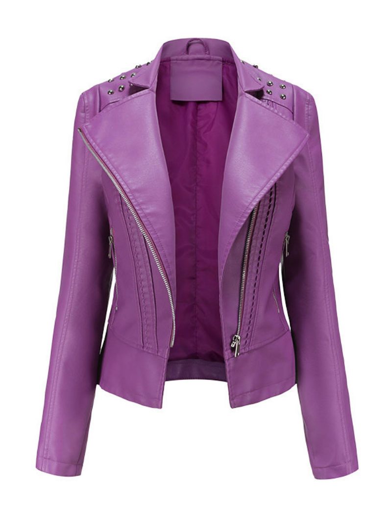 Damen Moto Jacke Pu Leder Frühling Kurze Oberbekleidung - Lila