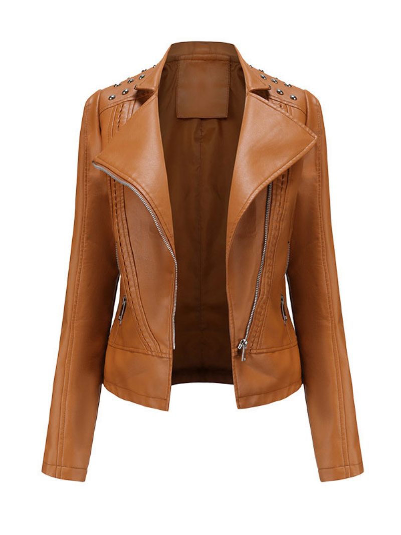 Damen Moto Jacke Pu Leder Frühling Kurze Oberbekleidung - Kaffeebraun