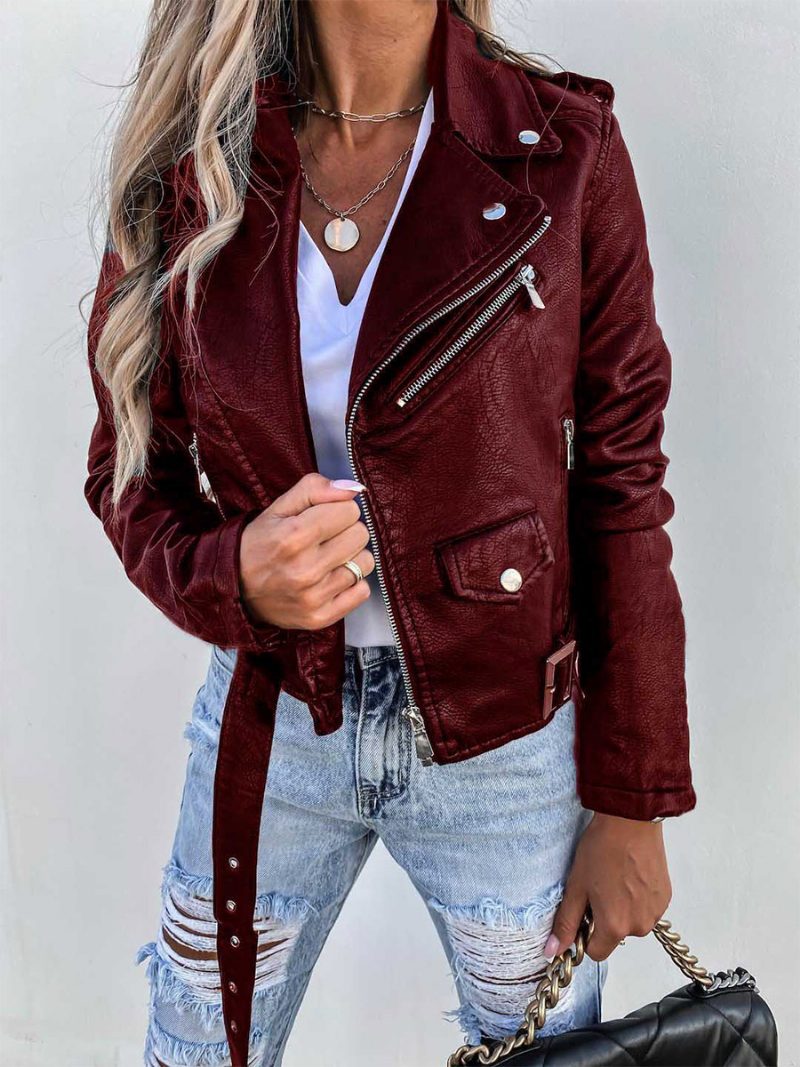 Damen Pu-lederjacken Lange Ärmel Reißverschlusstaschen Moto-crop-jacke - Burgund