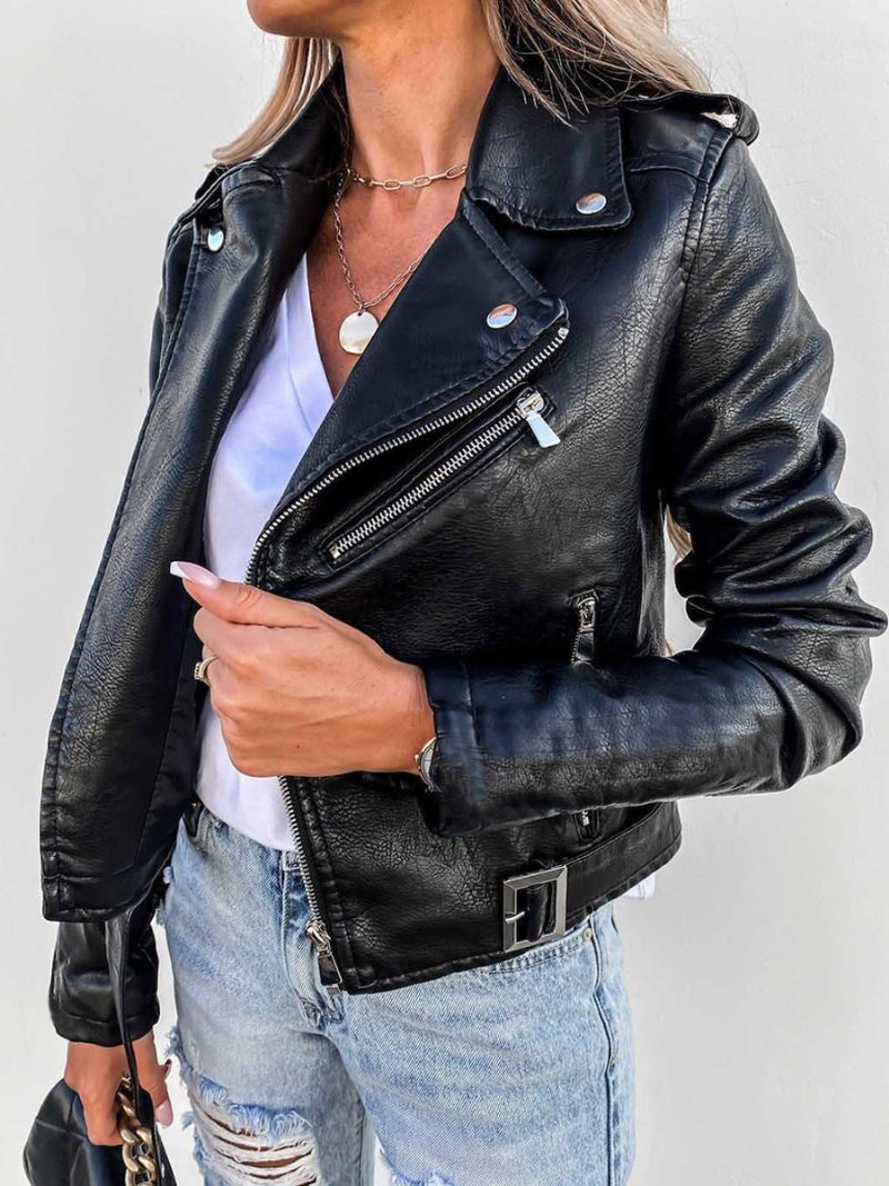 Damen Pu-lederjacken Lange Ärmel Reißverschlusstaschen Moto-crop-jacke - Schwarz