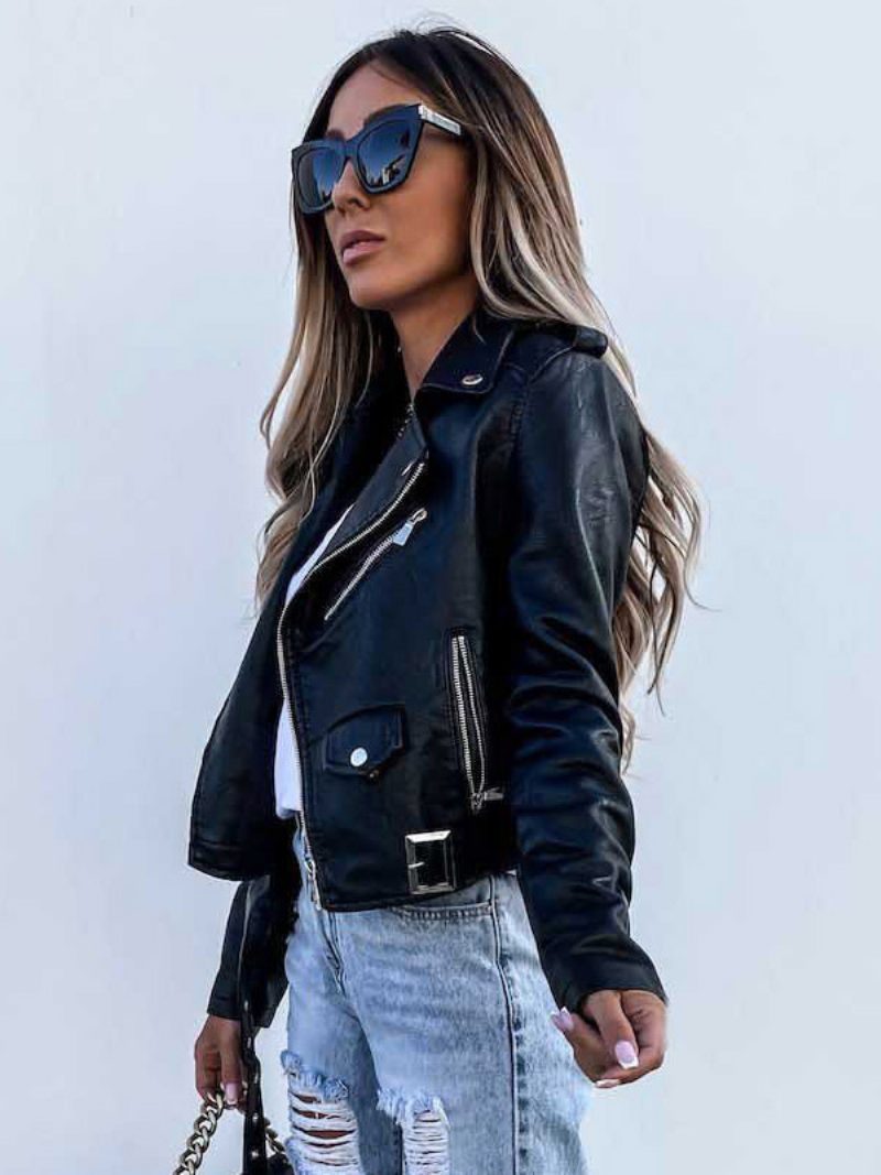 Damen Pu-lederjacken Lange Ärmel Reißverschlusstaschen Moto-crop-jacke - Schwarz