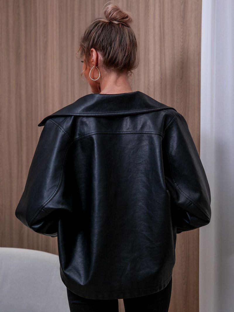 Damenjacke Aus Pu-leder Mit Gekerbtem Revers Und Metalldetails - Schwarz