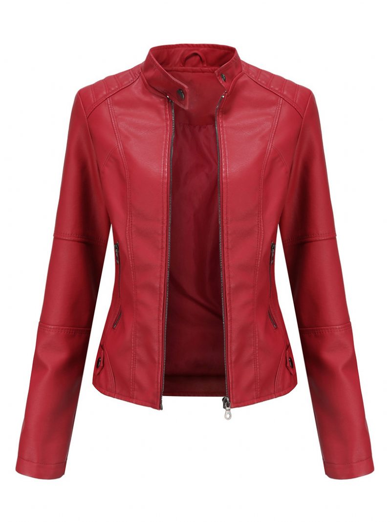 Kunstleder-moto-jacke Stehkragen Reißverschluss Rot Einfarbig Pu Frühling Und Herbst Biker-oberbekleidung Für Damen - Rot