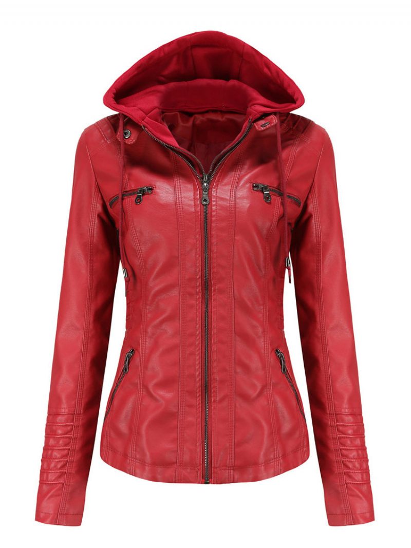 Kunstlederjacke Abnehmbarer Kapuzenpullover Pu-reißverschluss Einfarbig Frühling Herbst Street-biker-oberbekleidung Für Damen - Rot