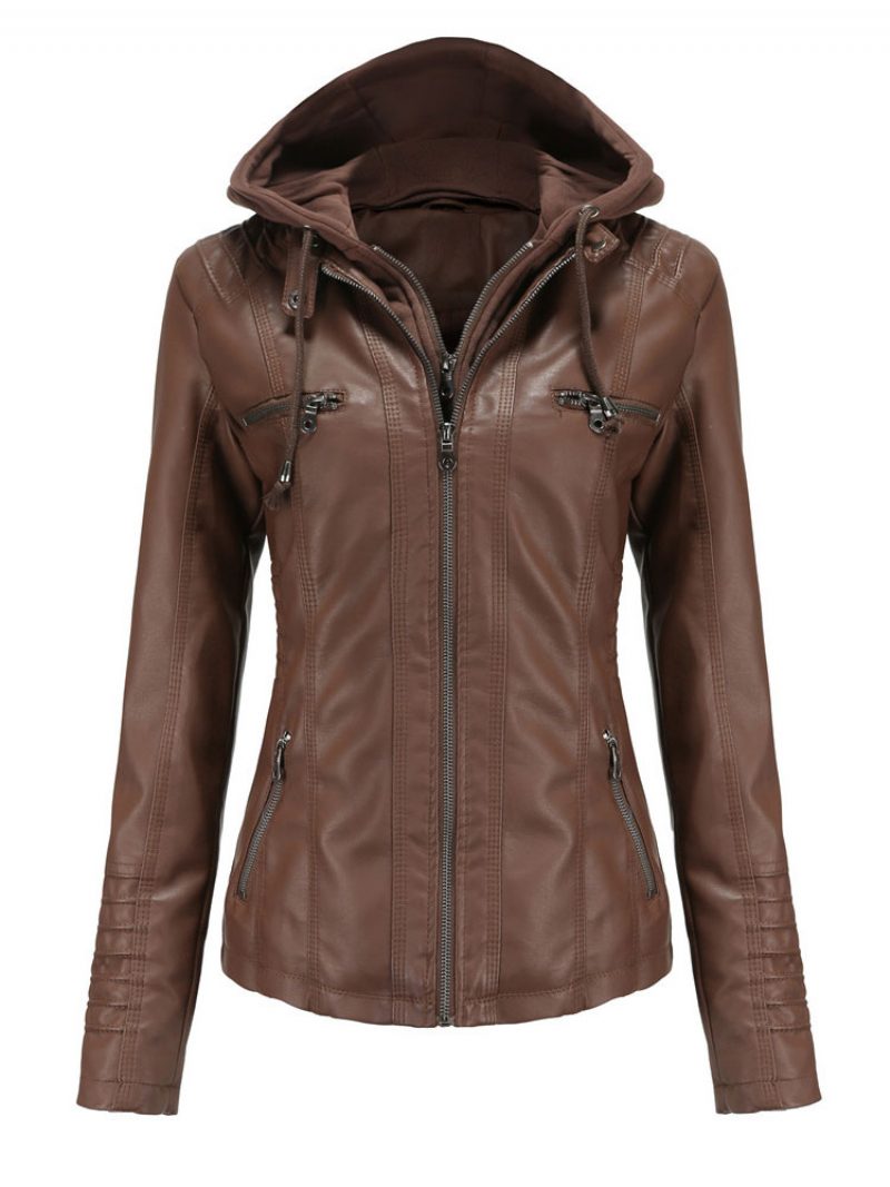 Kunstlederjacke Abnehmbarer Kapuzenpullover Pu-reißverschluss Einfarbig Frühling Herbst Street-biker-oberbekleidung Für Damen - Kaffeebraun