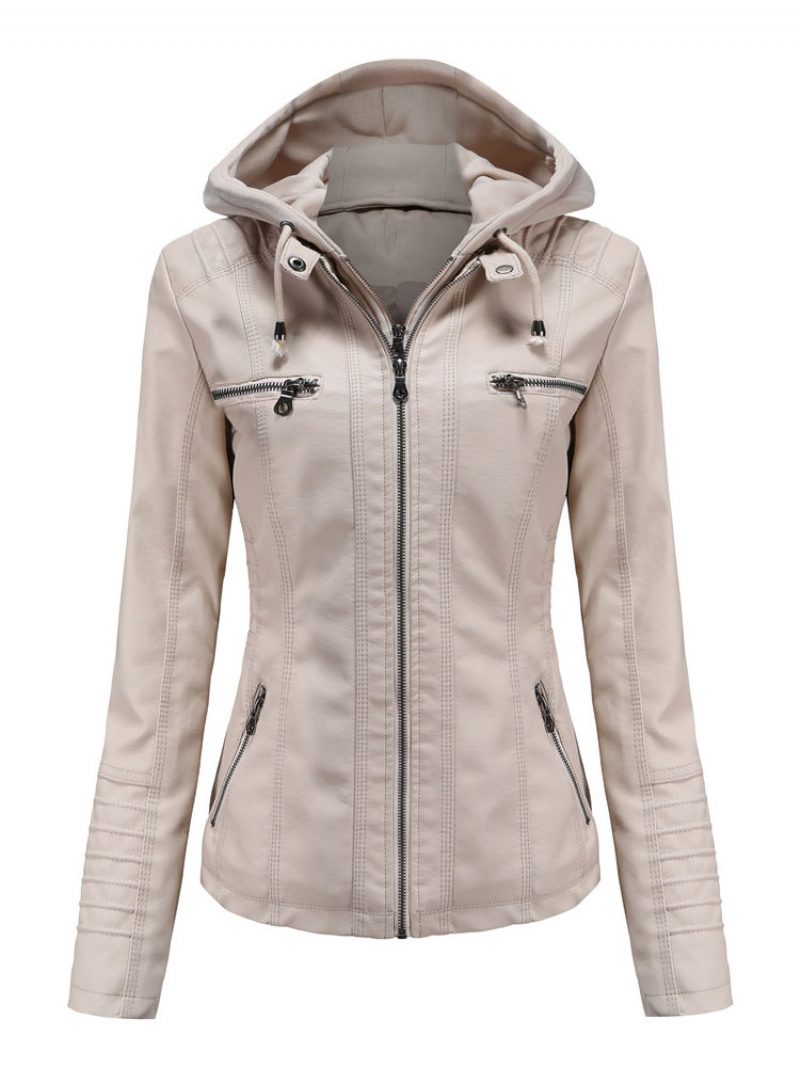 Kunstlederjacke Abnehmbarer Kapuzenpullover Pu-reißverschluss Einfarbig Frühling Herbst Street-biker-oberbekleidung Für Damen - Beige