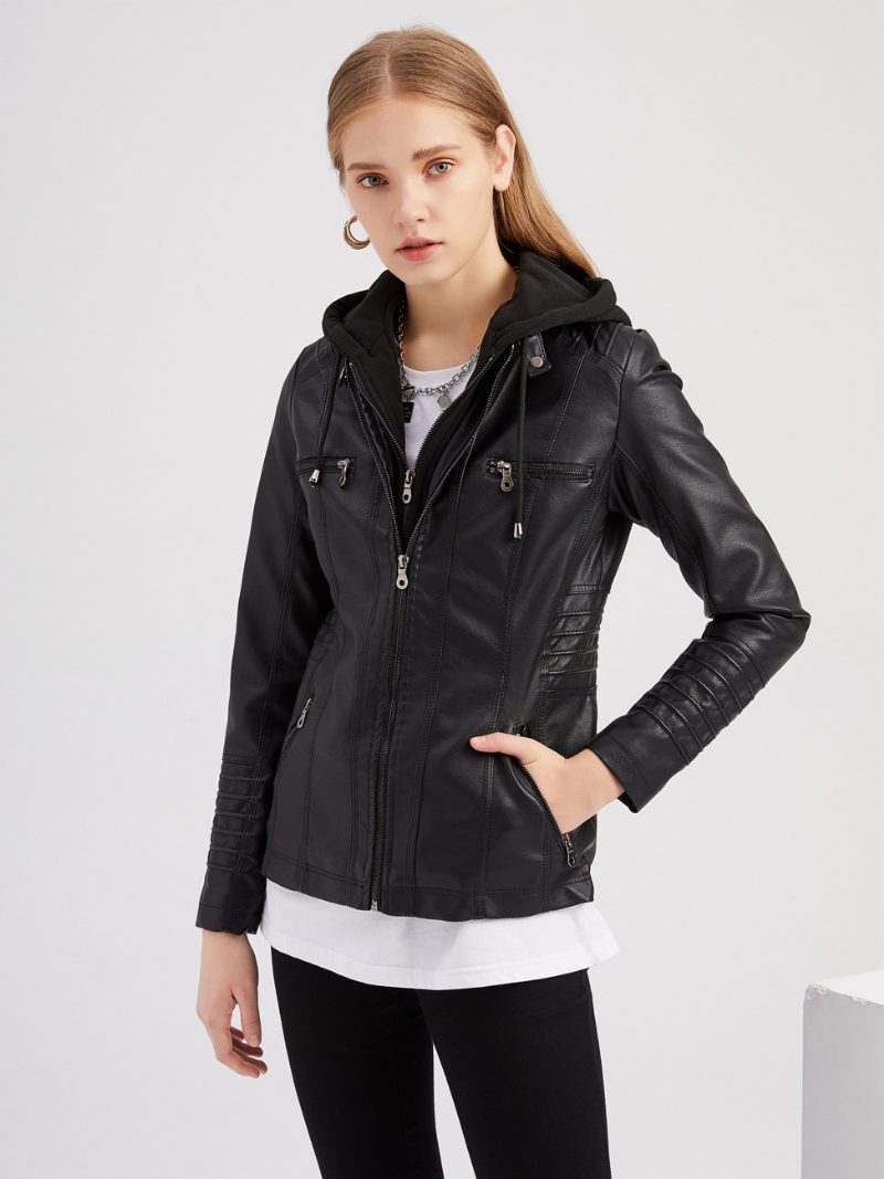 Kunstlederjacke Abnehmbarer Kapuzenpullover Pu-reißverschluss Einfarbig Frühling Herbst Street-biker-oberbekleidung Für Damen - Schwarz