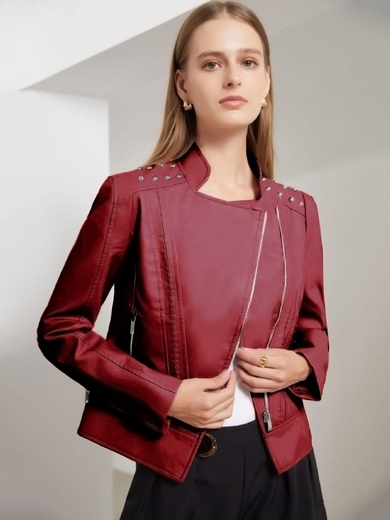 Kunstlederjacke Rosa Pu Stehkragen Nieten Reißverschluss Frühling Herbst Street-biker-oberbekleidung Für Damen - Burgund