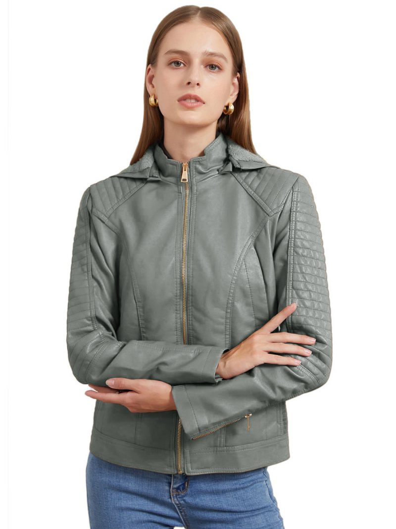 Moto-jacke Für Damen Pu-leder Mit Kapuze Frühlings-oberbekleidung 2024 - Grau