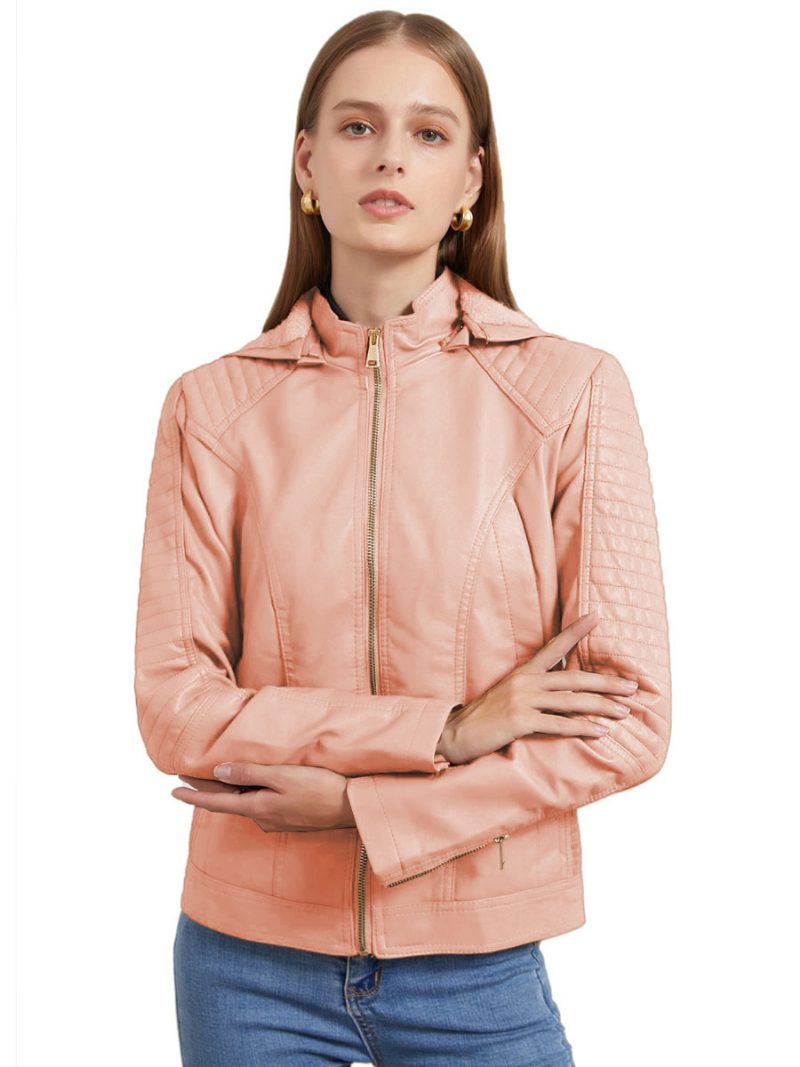 Moto-jacke Für Damen Pu-leder Mit Kapuze Frühlings-oberbekleidung 2024 - Rosa