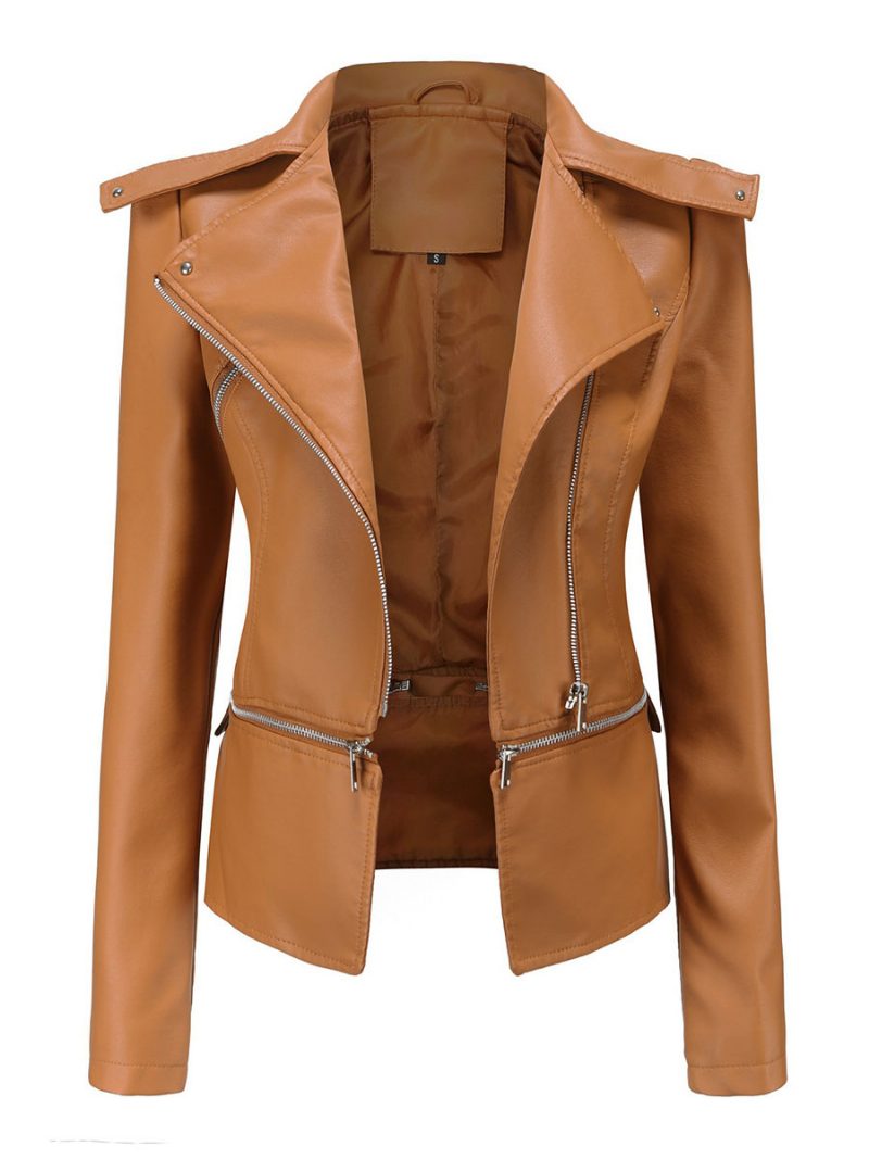 Motorradjacke Aus Kunstleder Helles Apricot Pu Abnehmbarer Saum Revers Reißverschluss Frühling Herbst Feld-biker-oberbekleidung Für Damen - Kamel