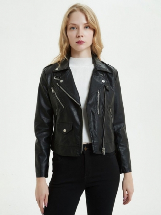 Motorradjacke Aus Kunstleder Pu-umlegekragen Reißverschluss Boyfriend-stil Schmale Passform Revers Frühling Und Herbst Schwarze Biker-oberbekleidung Für Damen