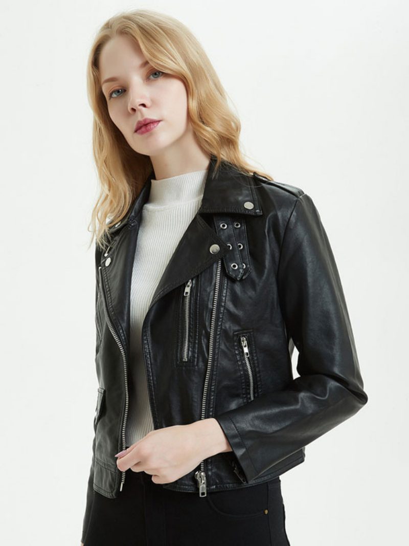 Motorradjacke Aus Kunstleder Pu-umlegekragen Reißverschluss Boyfriend-stil Schmale Passform Revers Frühling Und Herbst Schwarze Biker-oberbekleidung Für Damen - Schwarz