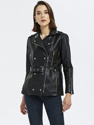 Motorradjacke Aus Kunstleder Schwarz Pu-reißverschluss Umlegekragen Langarm Boyfriend-stil Frühlings-herbst-biker-oberbekleidung Für Damen