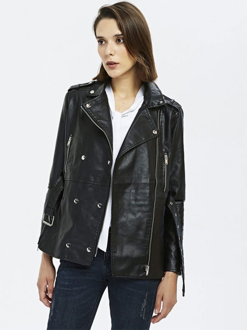 Motorradjacke Aus Kunstleder Schwarz Pu-reißverschluss Umlegekragen Langarm Boyfriend-stil Frühlings-herbst-biker-oberbekleidung Für Damen - Schwarz