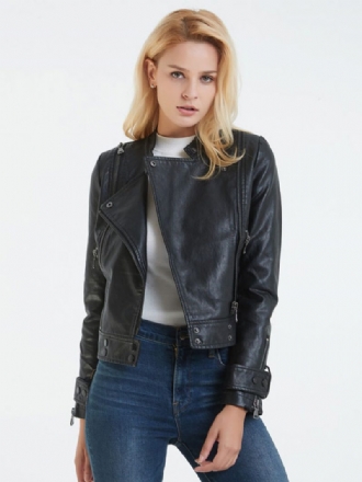 Motorradjacke Aus Kunstleder Schwarz Stehkragen Pu Boyfriend-stil Knopf Entspannte Passform Langärmlig Lässig Frühling Herbst Biker-oberbekleidung Für Damen