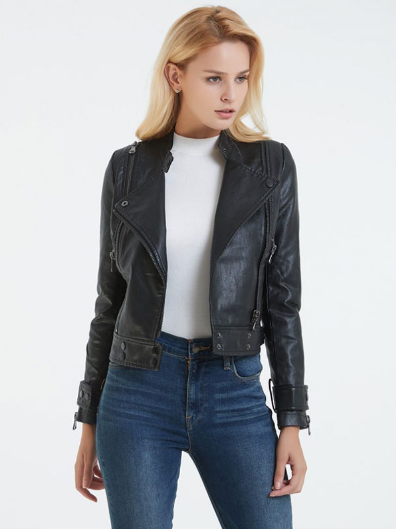 Motorradjacke Aus Kunstleder Schwarz Stehkragen Pu Boyfriend-stil Knopf Entspannte Passform Langärmlig Lässig Frühling Herbst Biker-oberbekleidung Für Damen - Schwarz