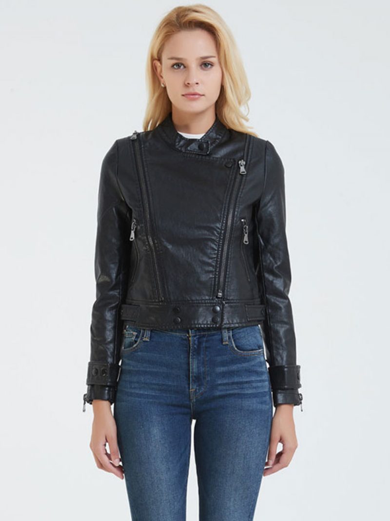 Motorradjacke Aus Kunstleder Schwarz Stehkragen Pu Boyfriend-stil Knopf Entspannte Passform Langärmlig Lässig Frühling Herbst Biker-oberbekleidung Für Damen - Schwarz