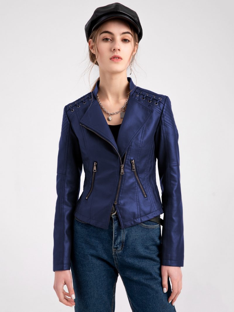 Pu-leder-motojacke Mit Hoher Taille Frühlings-biker-oberbekleidung Für Damen - Dunkles Marineblau