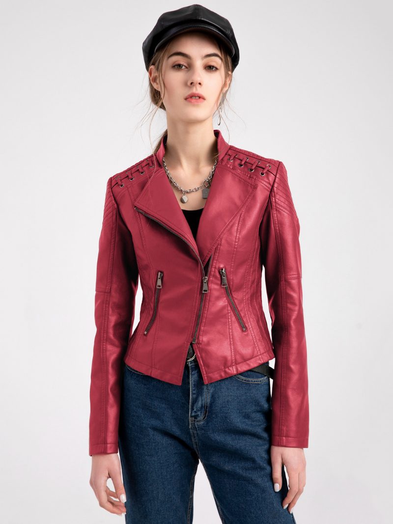 Pu-leder-motojacke Mit Hoher Taille Frühlings-biker-oberbekleidung Für Damen - Rot