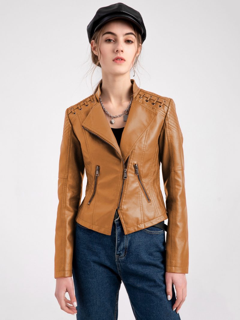 Pu-leder-motojacke Mit Hoher Taille Frühlings-biker-oberbekleidung Für Damen - Camel