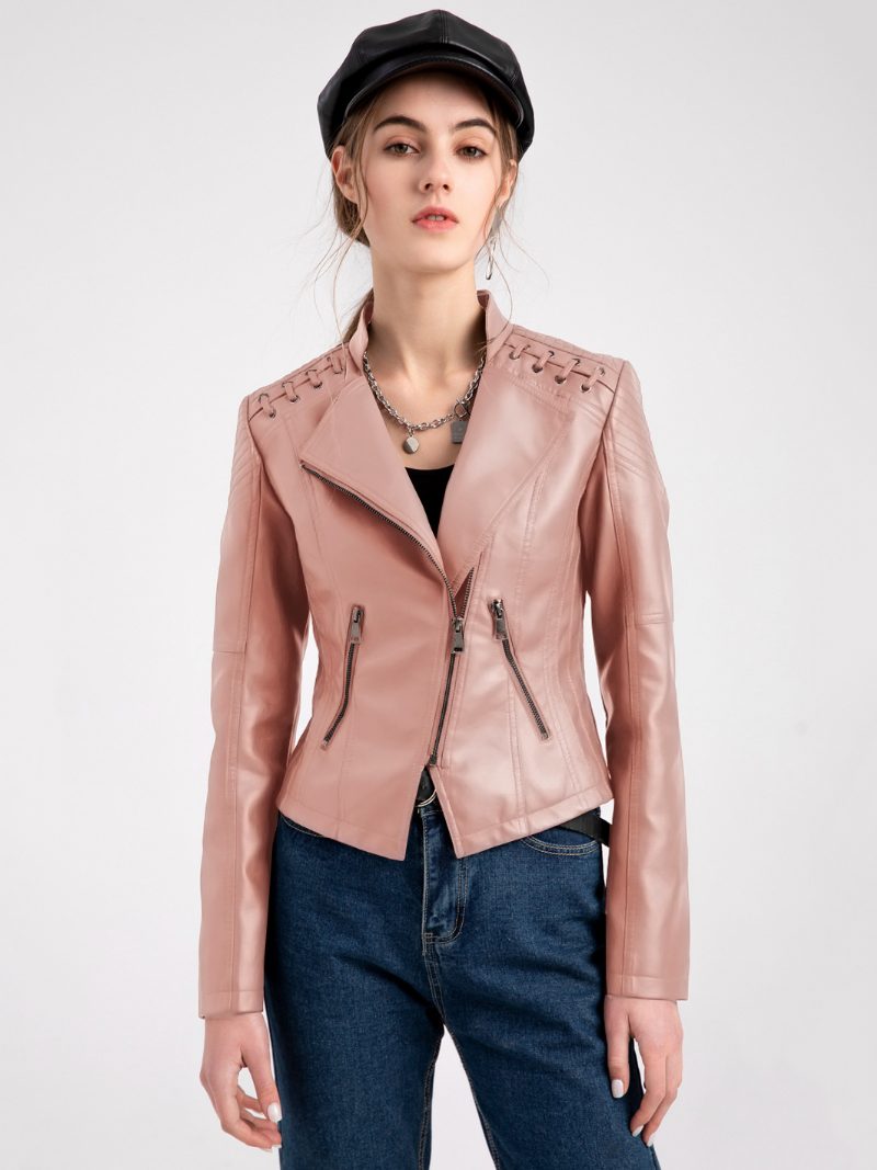 Pu-leder-motojacke Mit Hoher Taille Frühlings-biker-oberbekleidung Für Damen - Rosa