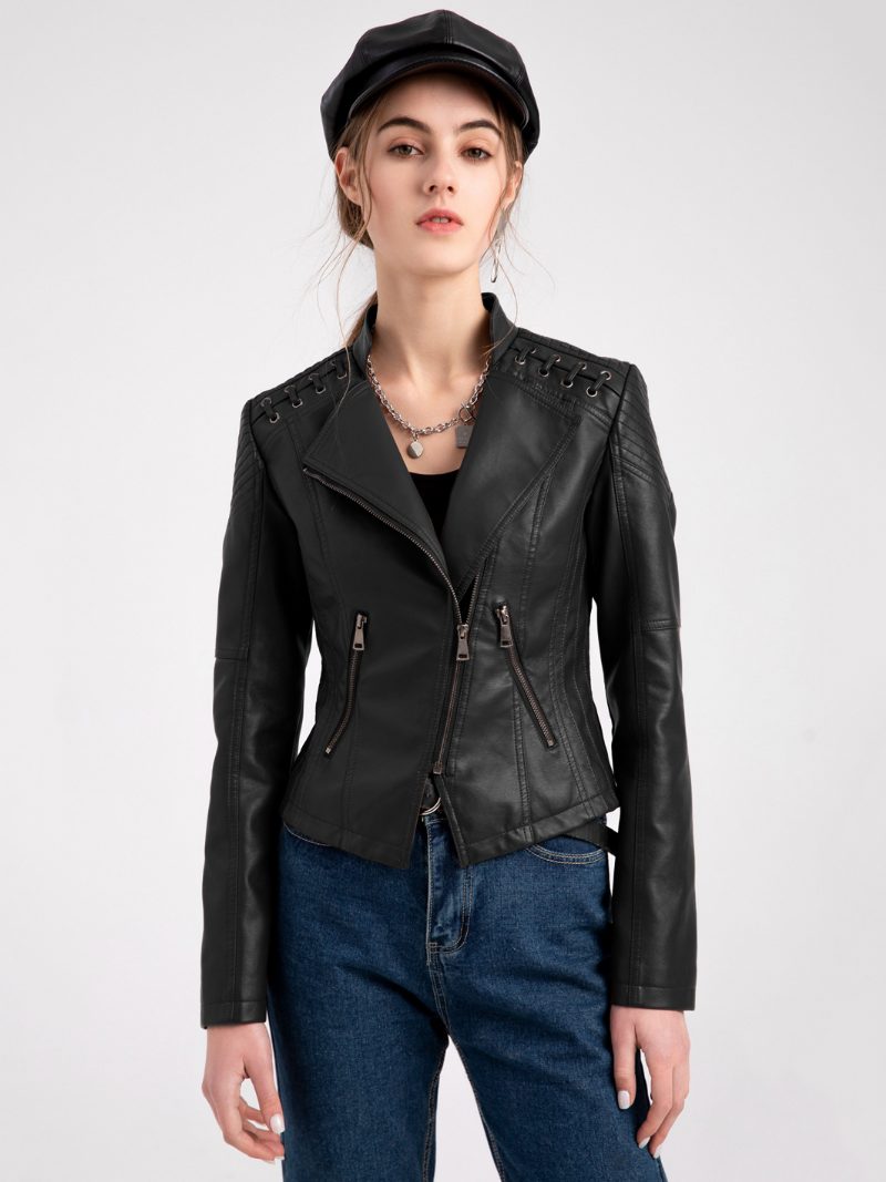 Pu-leder-motojacke Mit Hoher Taille Frühlings-biker-oberbekleidung Für Damen - Schwarz