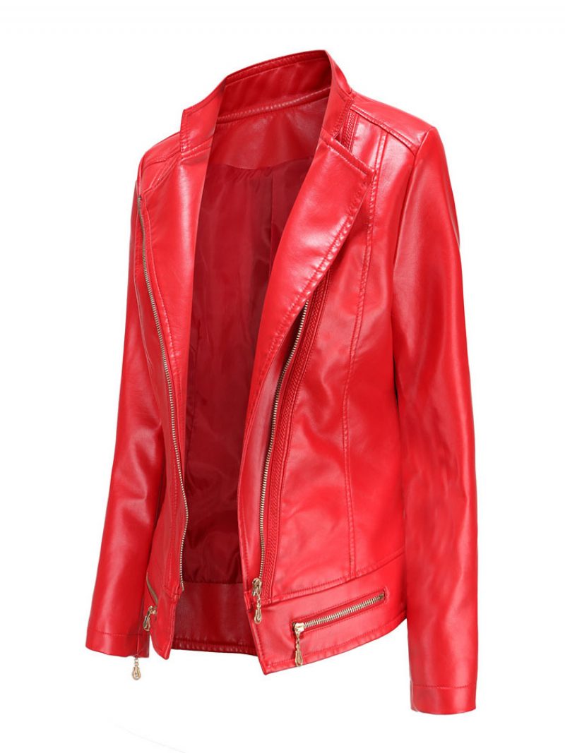 Pu-leder-motojacke Mit Reißverschluss Frühlings-biker-oberbekleidung Für Damen - Rot