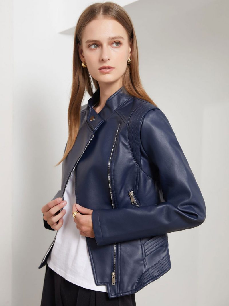 Pu-leder-motojacke Mit Stehkragen Frühlings-biker-oberbekleidung Für Damen - Dunkles Marineblau