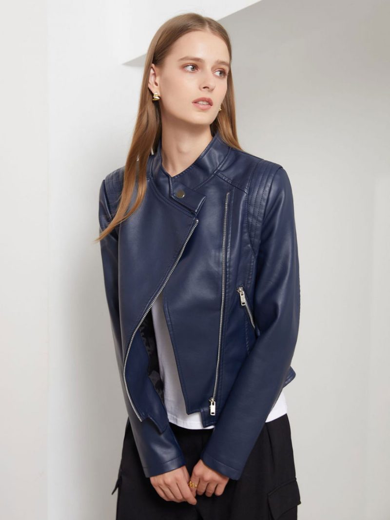 Pu-leder-motojacke Mit Stehkragen Frühlings-biker-oberbekleidung Für Damen - Dunkles Marineblau