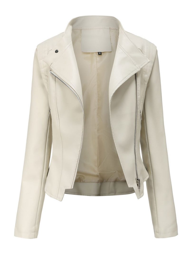 Pu-leder-motojacke Mit Stehkragen Frühlings-biker-oberbekleidung Für Damen - Beige