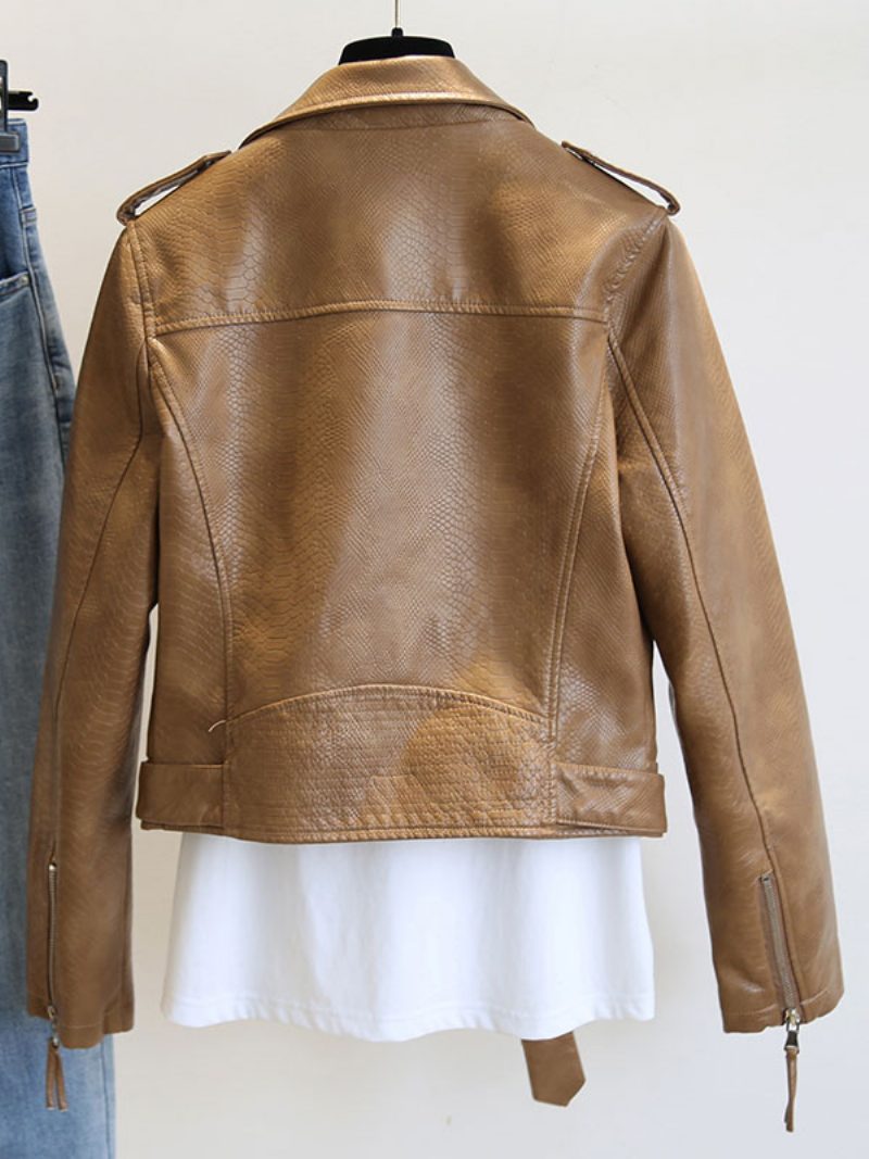 Pu-lederjacke Umlegekragen Frühlings-moto-oberbekleidung Für Damen - Kaffeebraun