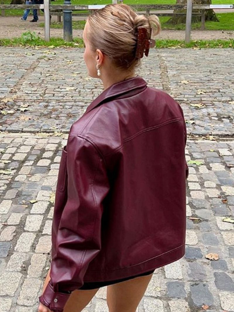 Pu-lederjacke Umlegekragen Lange Ärmel Reißverschluss Damen-streetwear - Burgund