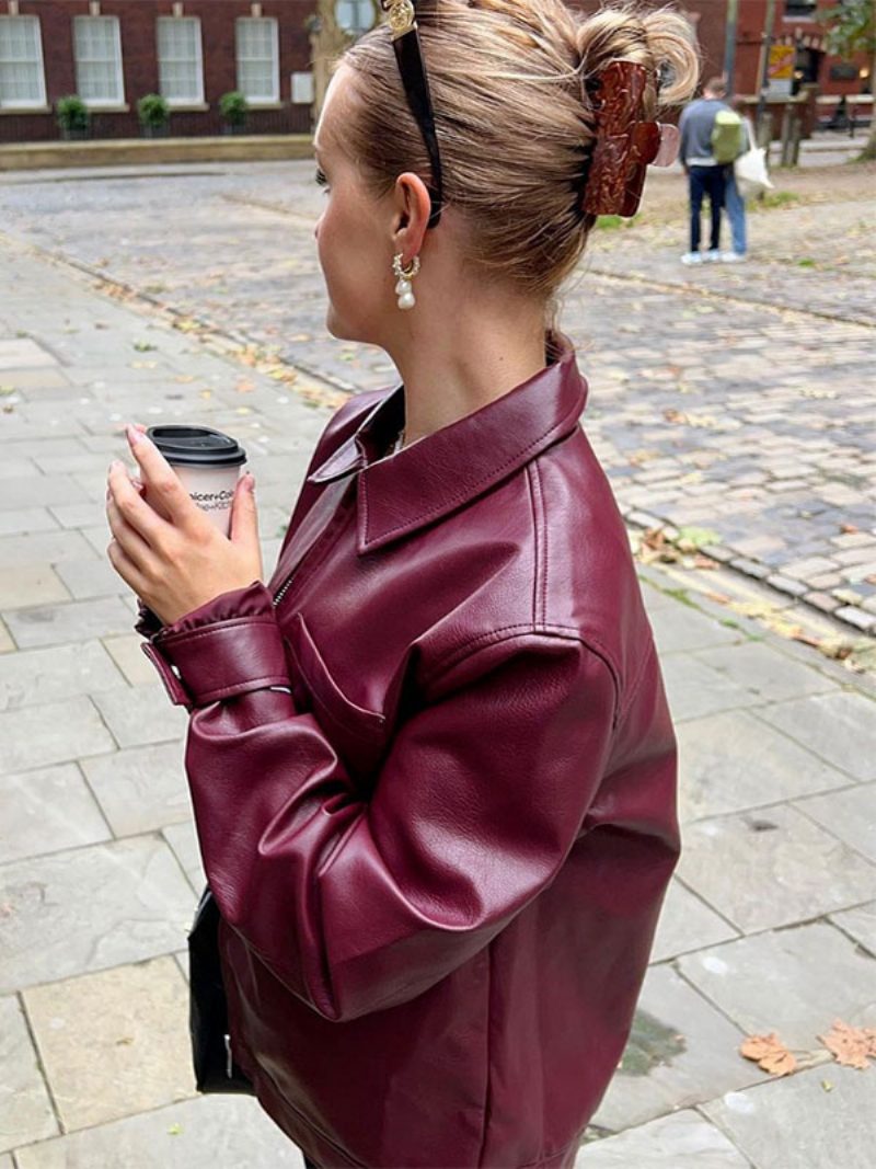 Pu-lederjacke Umlegekragen Lange Ärmel Reißverschluss Damen-streetwear - Burgund