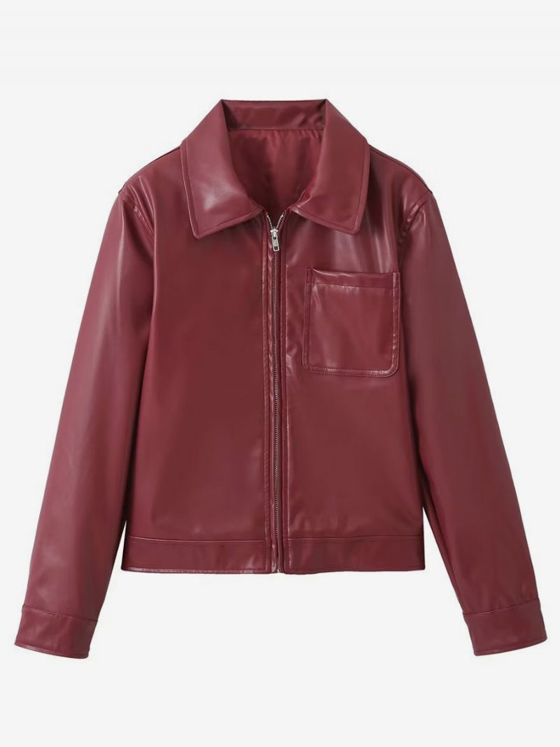 Pu-lederjacke Umlegekragen Lange Ärmel Reißverschluss Damen-streetwear - Burgund