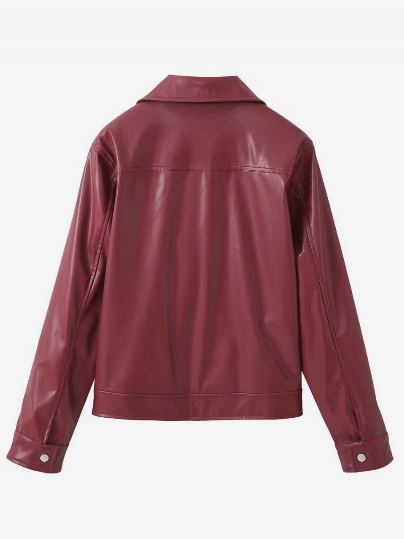 Pu-lederjacke Umlegekragen Lange Ärmel Reißverschluss Damen-streetwear - Burgund