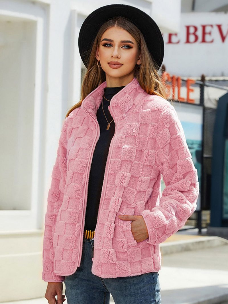 Schachbrettjacke Stehkragen Lange Ärmel Reißverschluss Oberbekleidung Für Damen - Rosa