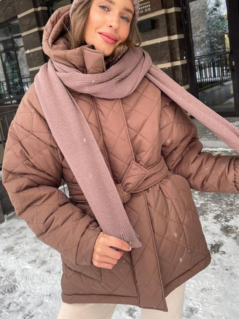 Steppjacke Mit Kapuze Gürtel Und Baumwollfüllung Winter-oberbekleidung Für Damen - Dunkelrot