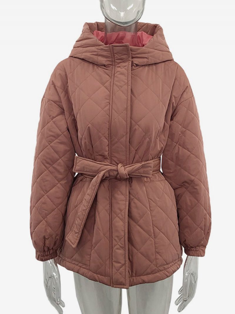 Steppjacke Mit Kapuze Gürtel Und Baumwollfüllung Winter-oberbekleidung Für Damen - Dunkelrot