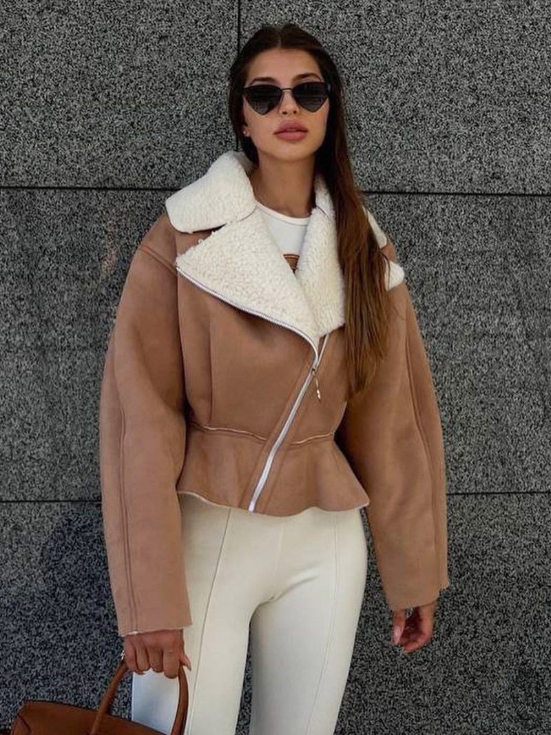 Übergroße Jacke Mit Kragen Und Reißverschluss Asymmetrische Damen-oberbekleidung - Kaffeebraun