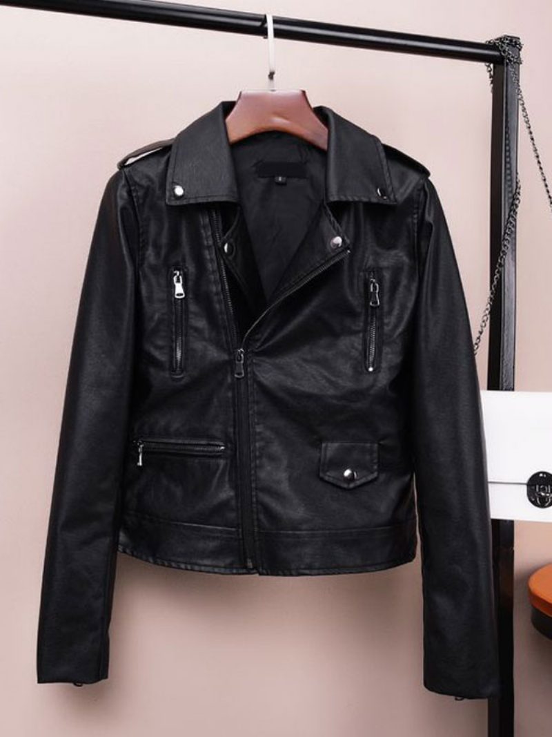 Weiße Moto-jacke Mit Umlegekragen Pu-leder Frühlings-oberbekleidung Für Damen - Schwarz