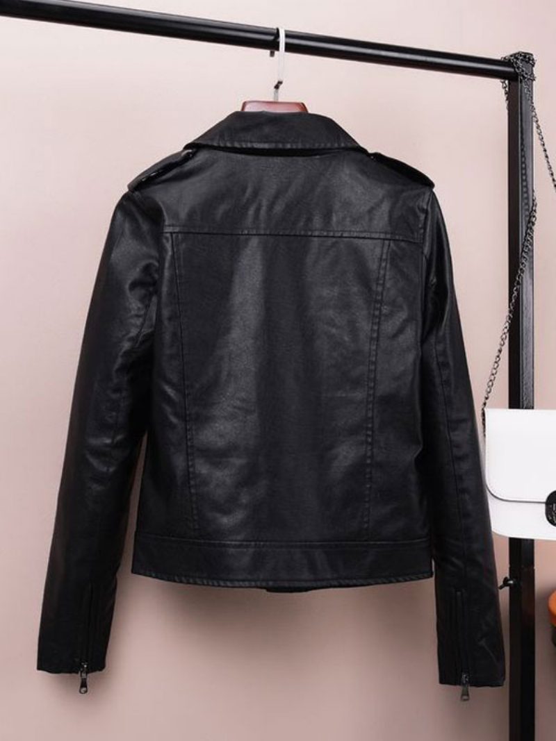 Weiße Moto-jacke Mit Umlegekragen Pu-leder Frühlings-oberbekleidung Für Damen - Schwarz