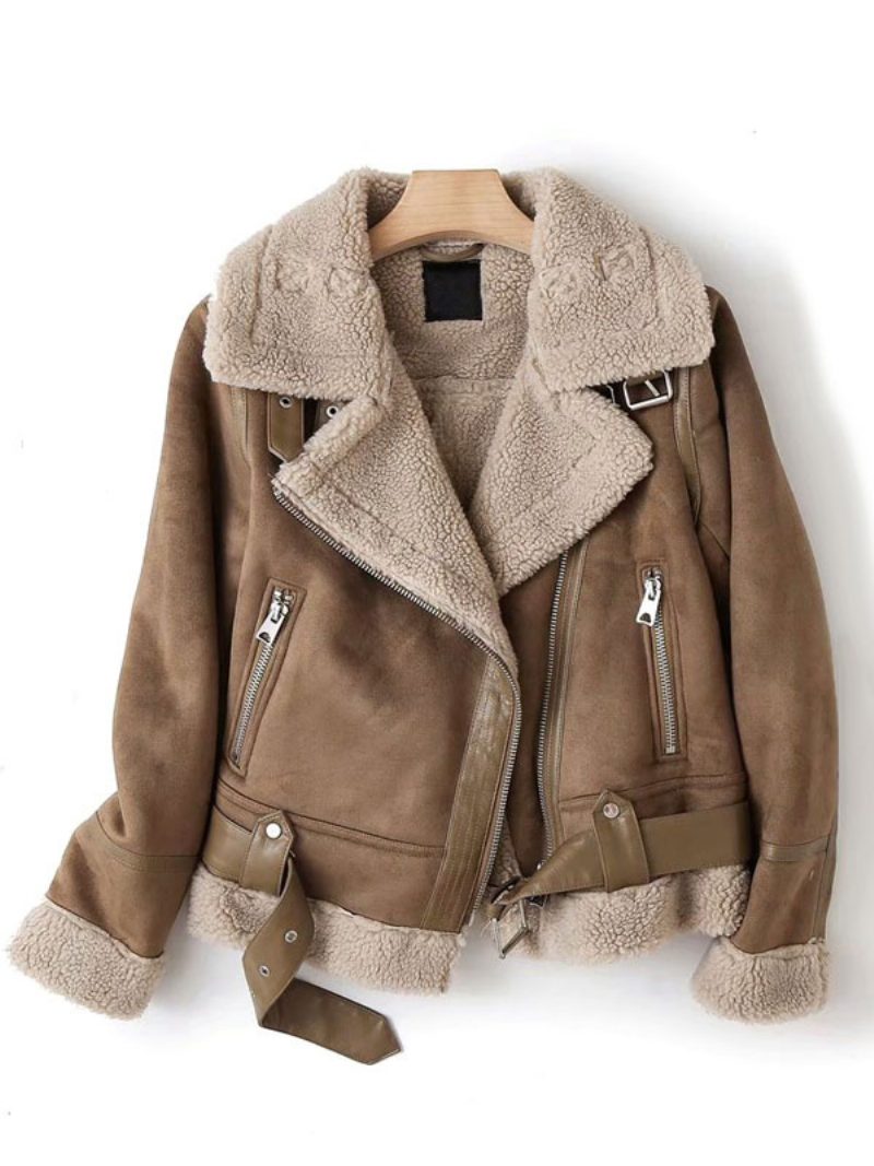 Wildlederjacke Faux Shearling Wintermantel 2024 Oberbekleidung Für Damen - Khaki