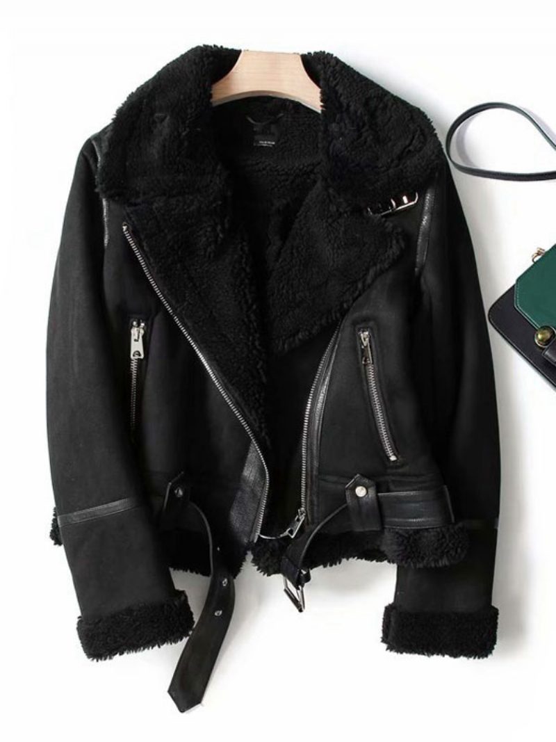 Wildlederjacke Faux Shearling Wintermantel 2024 Oberbekleidung Für Damen - Schwarz