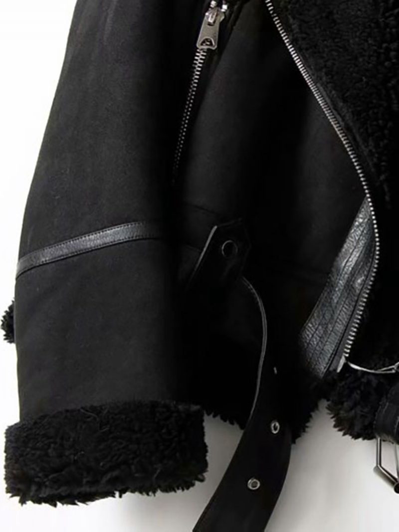 Wildlederjacke Faux Shearling Wintermantel 2024 Oberbekleidung Für Damen - Schwarz