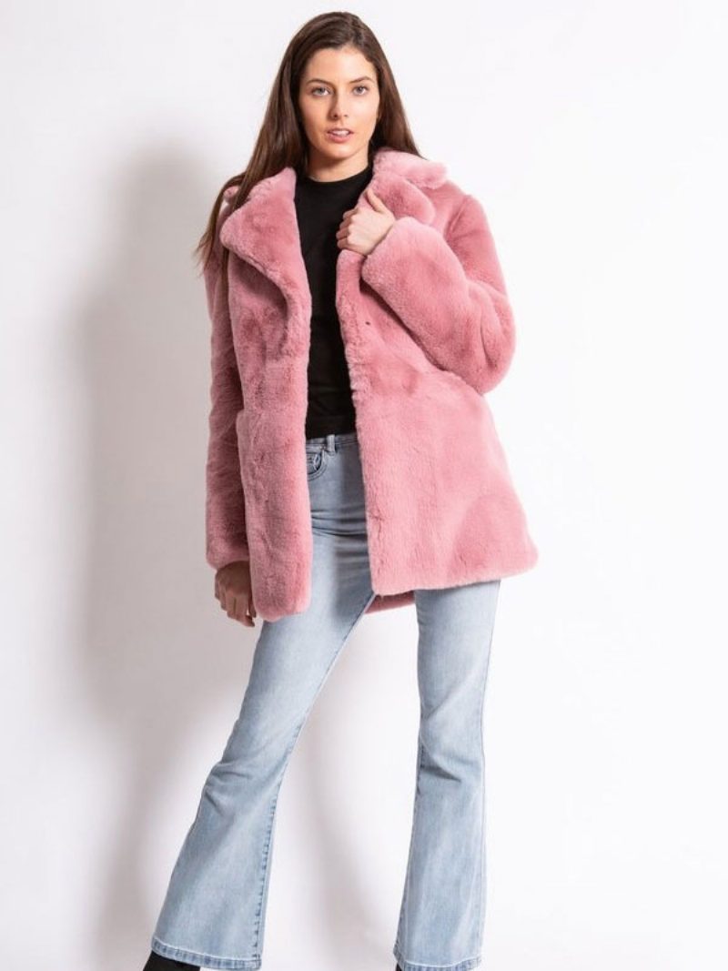 Damen Kunstpelzmäntel Mit Langen Ärmeln Lässiger Umlegekragen Rosa Wintermantel - Rosa