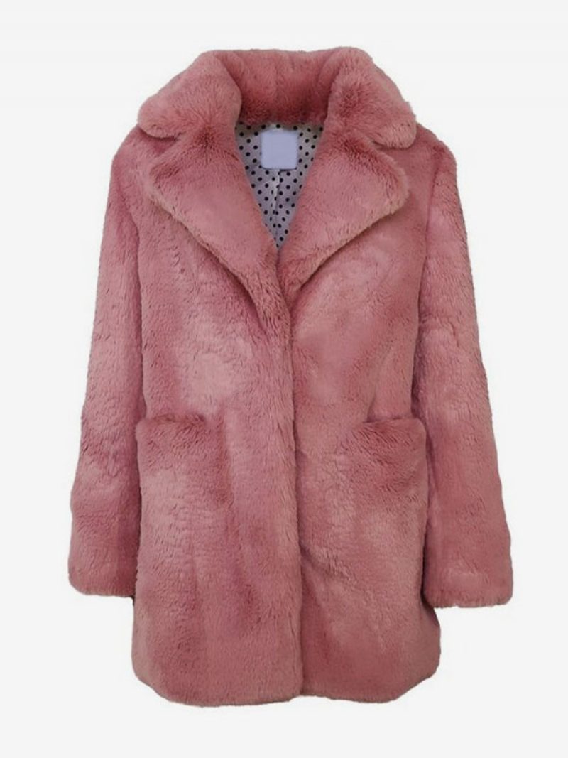 Damen Kunstpelzmäntel Mit Langen Ärmeln Lässiger Umlegekragen Rosa Wintermantel - Rosa