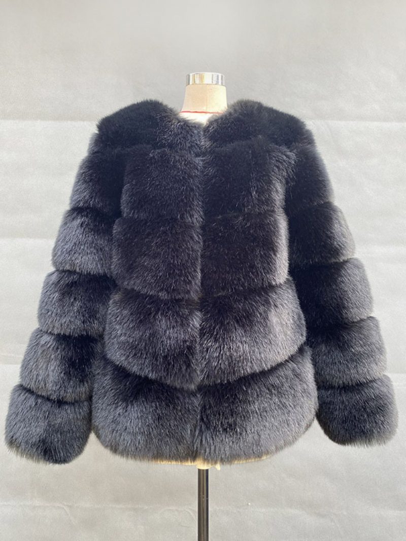 Kunstpelzmäntel Für Damen Mit Langen Ärmeln Lässige Kunstpelzjacke Juwelenausschnitt Kamelfarbener Wintermantel - Schwarz