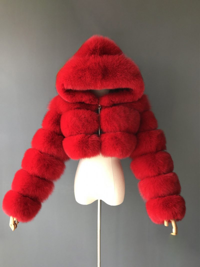 Weiße Kunstpelzmäntel Mit Kapuze Kurze Jacke Für Damen Winter-oberbekleidung - Rot